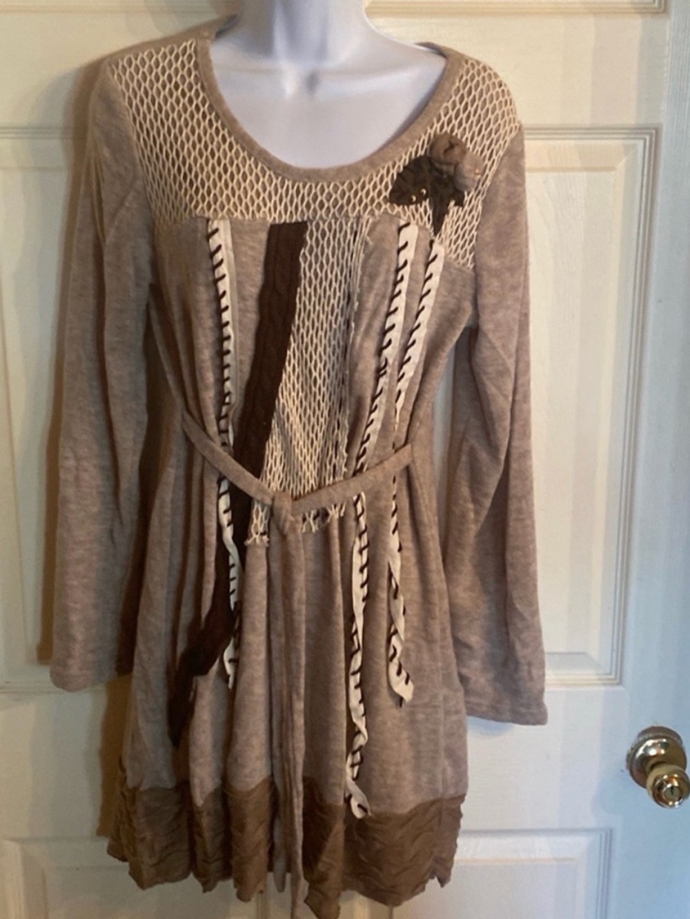 John Fashion Taupe Long-Sleeve Boho Knit Tunic Dress with Tie Waist